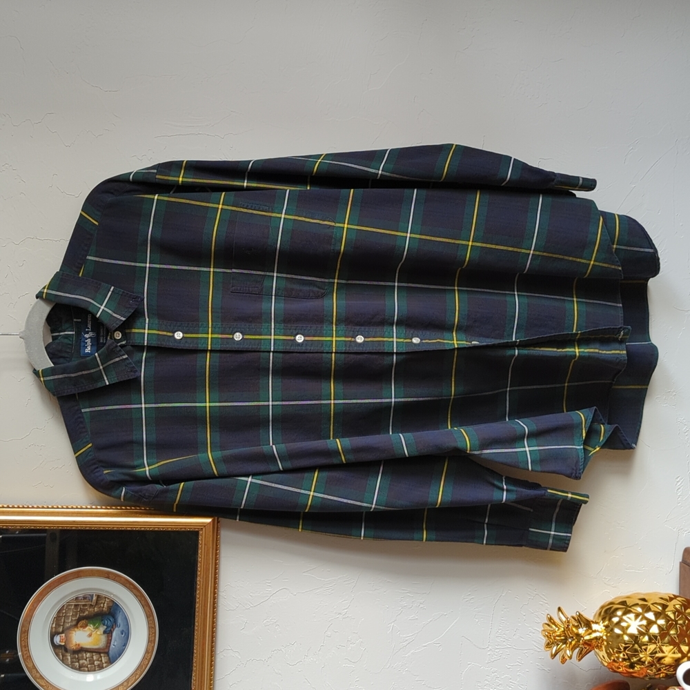 Ralph Lauren Men's Blue and Yellow Plaid Casual Button Down Shirt